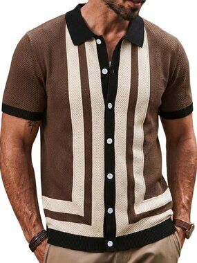 Men's Coffee-vintage Vintage Striped Knit Button-Down Beach Short Sleeve Shirt